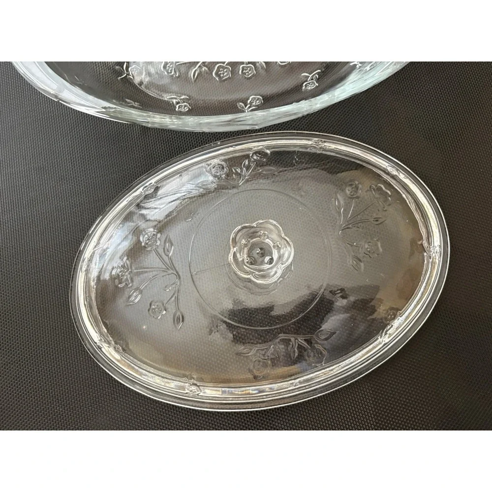 Vintage AnchorHocking SAVANNAH Floral Glass Oval 2 Qt Casserole Dish w/Lid 13x8